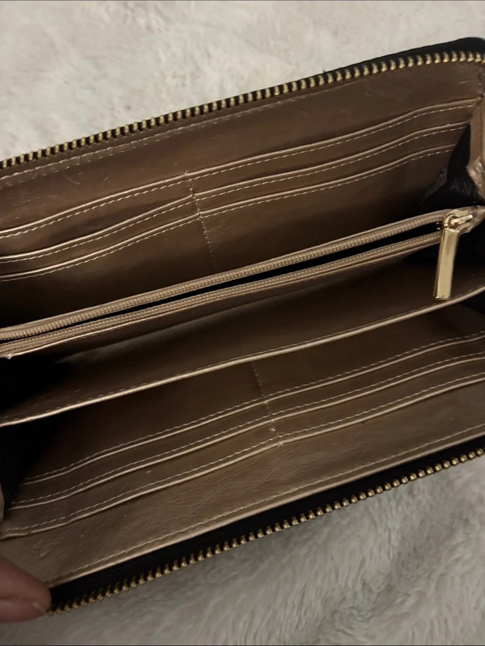 Anne Klein Black Pebbled Leather Zip Wallet with Gold Accent